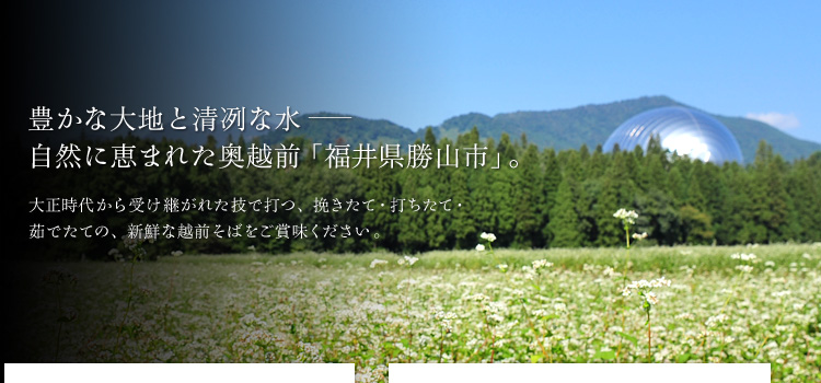 豊かな大地と清冽な水　自然に恵まれた奥越前「福井県勝山市」。大正時代から受け継がれた技で打つ、挽きたて・打ちたて・茹でたての、新鮮な越前そばをご賞味ください。